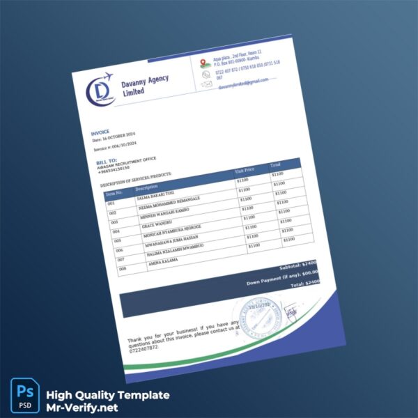 UK Davanny Agency Limited Invoice Template in Word and PDF formats UK Davanny Agency Limited Invoice Template in Word and PDF formats