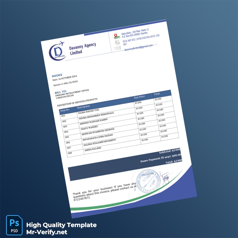 UK Davanny Agency Limited Invoice Template in Word and PDF formats UK Davanny Agency Limited Invoice Template in Word and PDF formats