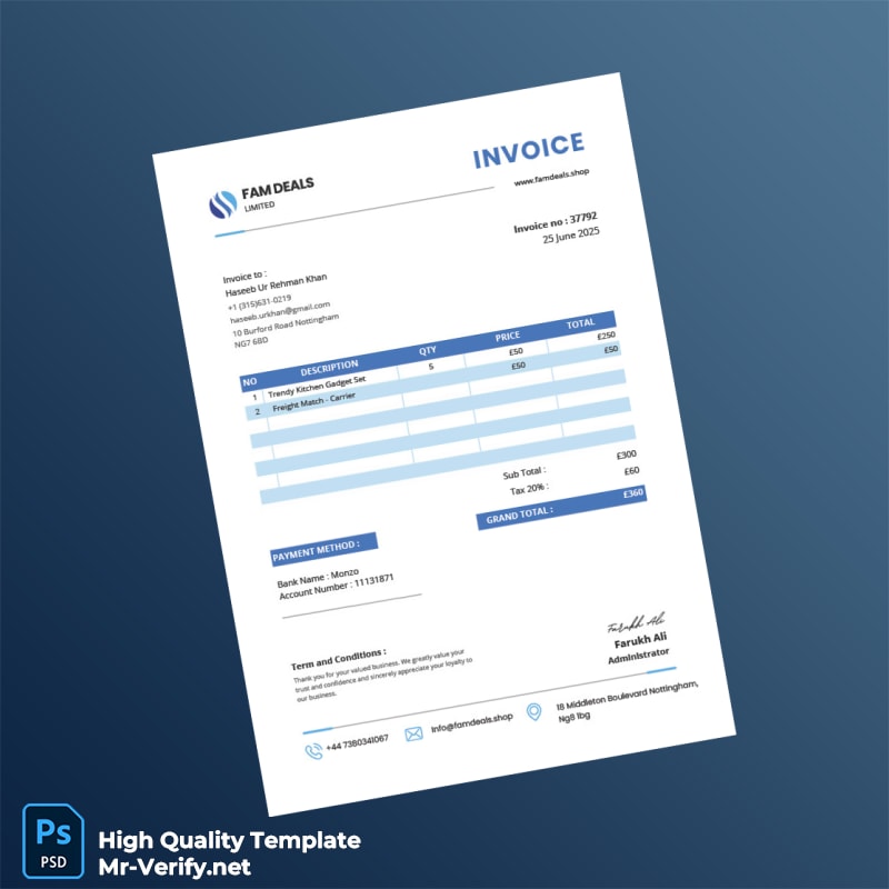 UK Famdeals Invoice Template in Word and PDF formats UK Famdeals Invoice Template in Word and PDF formats
