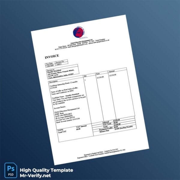 UK Global Education Management Ltd Invoice Template in Word and PDF formats UK Global Education Management Ltd Invoice Template in Word and PDF formats