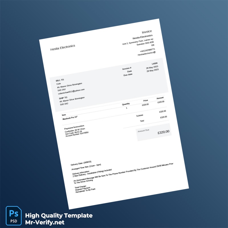 UK Hestia Electronics Invoice Template in Word and PDF formats UK Hestia Electronics Invoice Template in Word and PDF formats