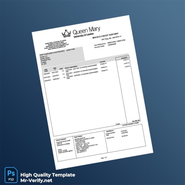 UK Queen Mary University of London Invoice Template in Word and PDF formats