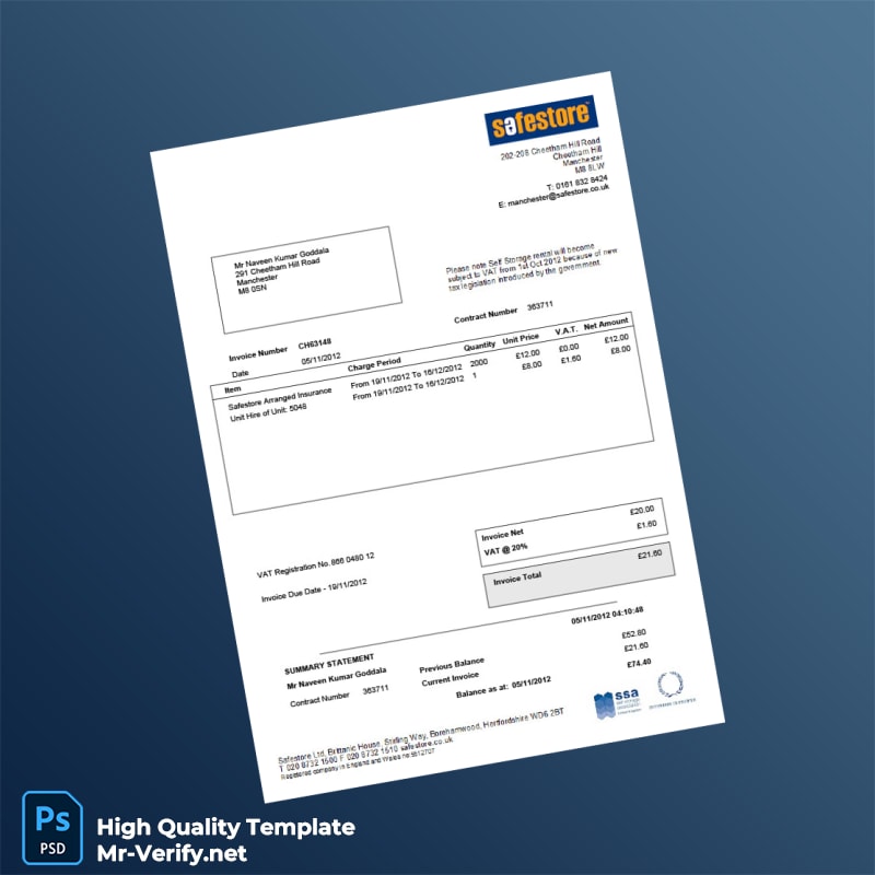 UK Safestore Invoice Template in Word and PDF formats UK Safestore Invoice Template in Word and PDF formats