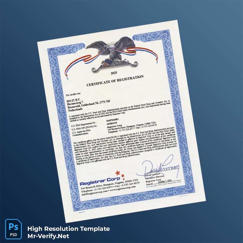 Editable US FDA Certificate of Registration Word and Pdf Template Editable US FDA Certificate of Registration Word and Pdf Template