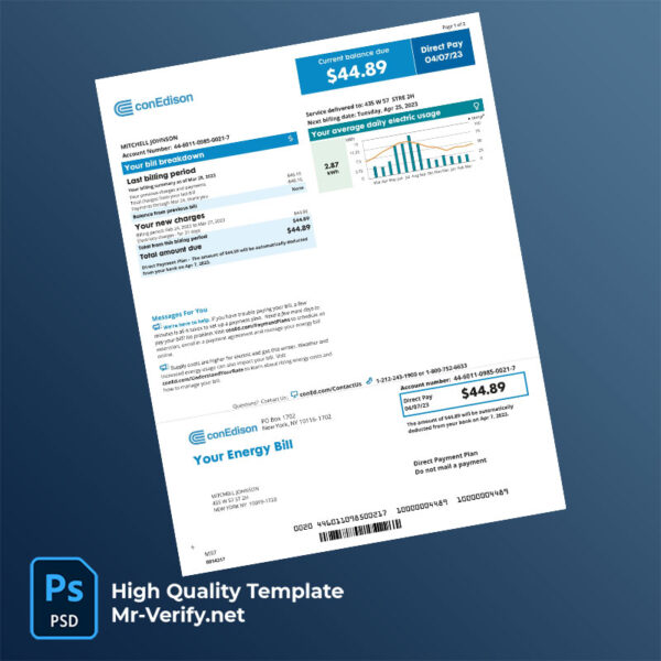 USA Consolidated Edison Editable Electricity Bill Template in Word and PDF formats
