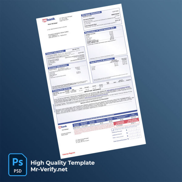USA U.S. Bank Home Mortgage Editable Mortgage Statement Template in Word and PDF formats