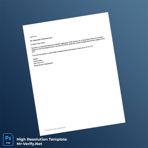 Editable USA ACME Americas Inc Employment Verification Letter Word and Pdf Template