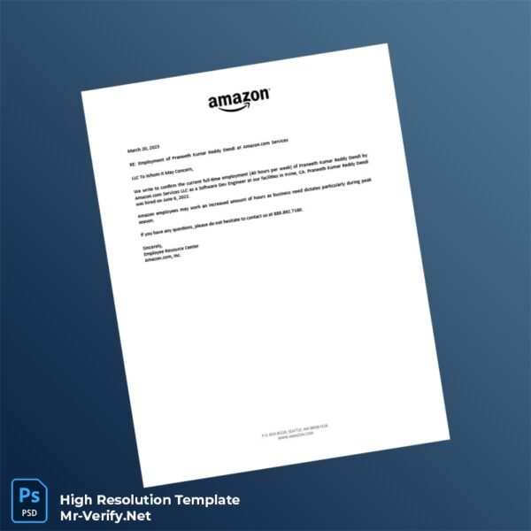 Editable USA Amazon com Services LLC Employment Verification Letter Word and Pdf Template