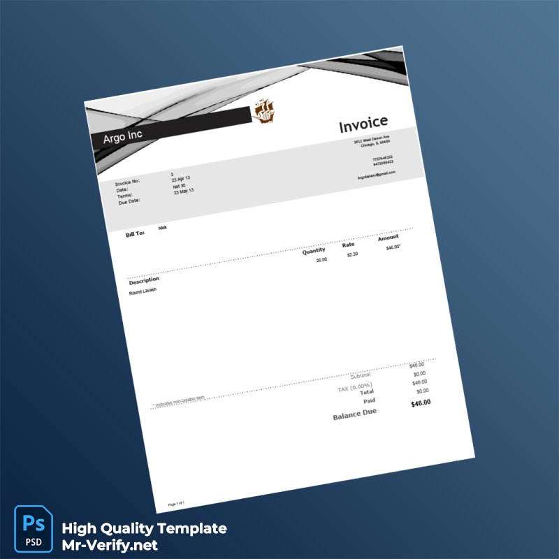 USA Argo Bakery Invoice Template in Word and PDF formats USA Argo Bakery Invoice Template in Word and PDF formats