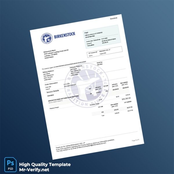 USA Birkenstock Invoice Template in Word and PDF formats