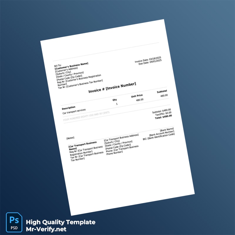 USA Car Transport Business Invoice Template in Word and PDF formats USA Car Transport Business Invoice Template in Word and PDF formats