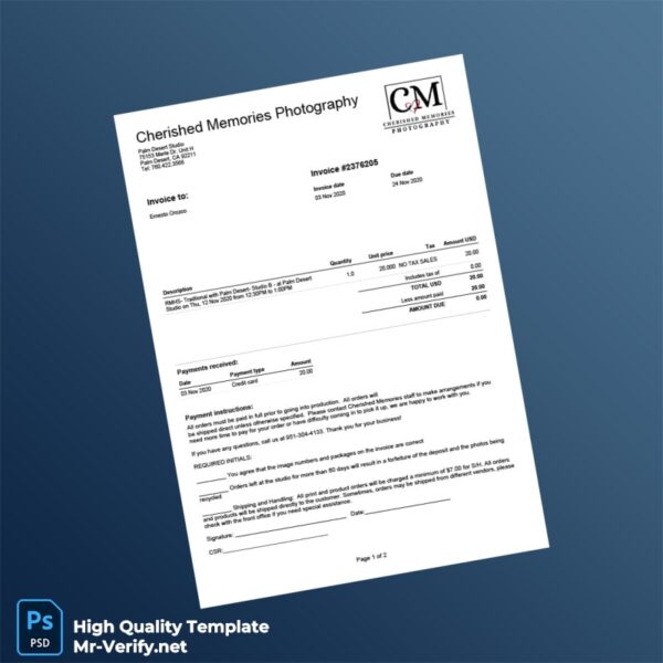 USA Cherished Memories Photography Invoice Template in Word and PDF formats 2 page