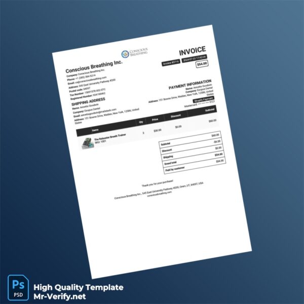 USA Conscious Breathing Inc Invoice Template in Word and PDF formats