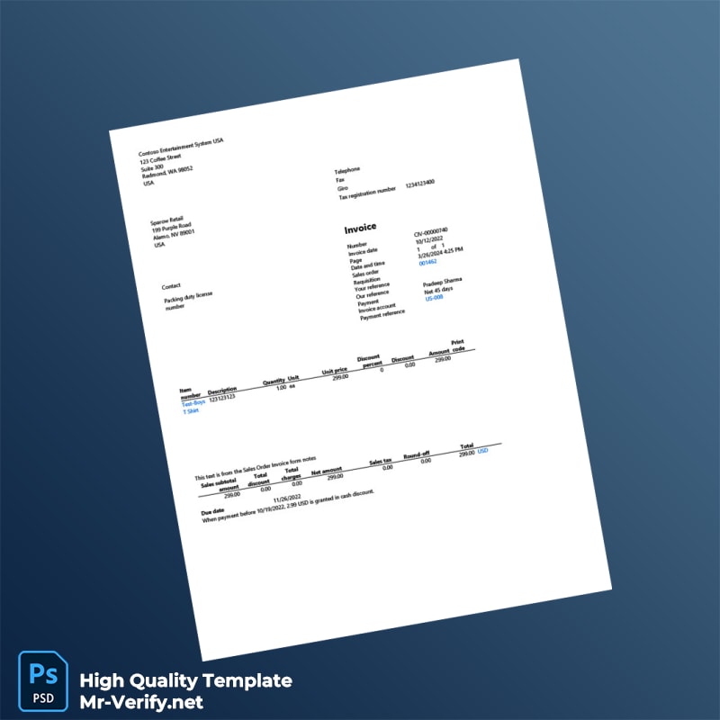 USA Contoso Entertainment System Invoice Template in Word and PDF formats USA Contoso Entertainment System Invoice Template in Word and PDF formats