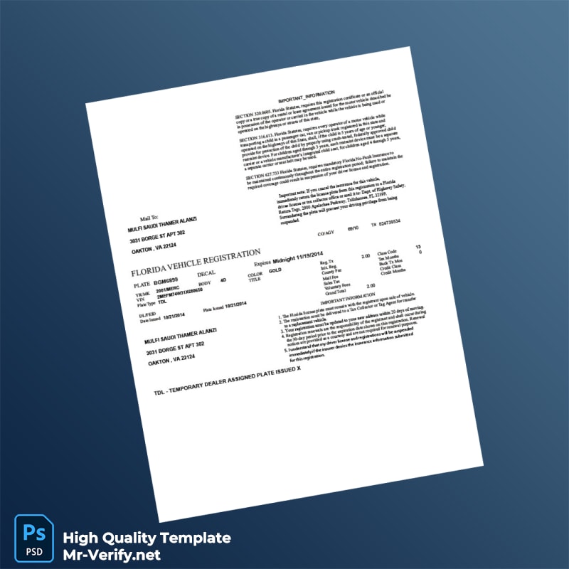 USA Department of Highway Safety and Motor Vehicles Vehicle Registration Certificate Template in Word and PDF formats USA Department of Highway Safety and Motor Vehicles Vehicle Registration Certificate Template in Word and PDF formats