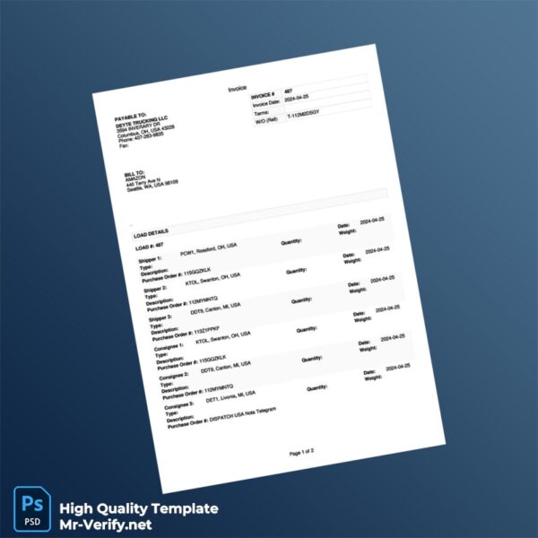 USA Deyte Trucking LLC Invoice Template in Word and PDF formats 2 page