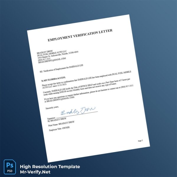 Editable USA Dual Fuel Mobile Auto LLC Employment Verification Letter Word and Pdf Template