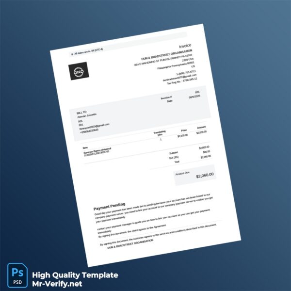 USA Dun Bradstreet Organisation Invoice Template in Word and PDF formats 2 page USA Dun Bradstreet Organisation Invoice Template in Word and PDF formats 2 page