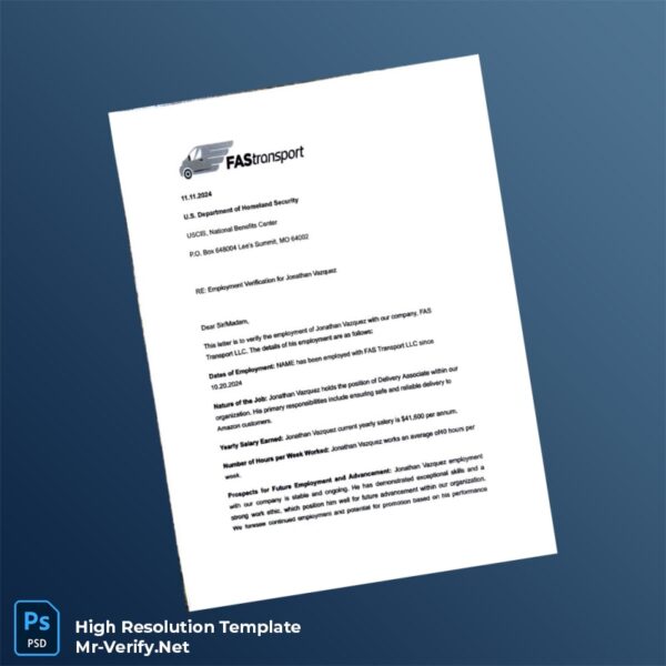 Editable USA FAS Transport Proof of Employment Letter Word and Pdf Template 2 page Editable USA FAS Transport Proof of Employment Letter Word and Pdf Template 2 page