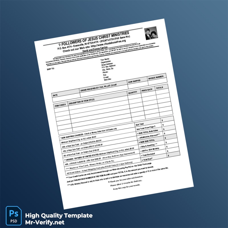 USA Followers of Jesus Christ Ministries Invoice Template in Word and PDF formats 2 page USA Followers of Jesus Christ Ministries Invoice Template in Word and PDF formats 2 page
