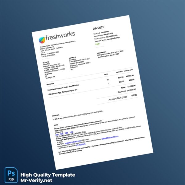 USA Freshworks Inc Invoice Template in Word and PDF formats USA Freshworks Inc Invoice Template in Word and PDF formats