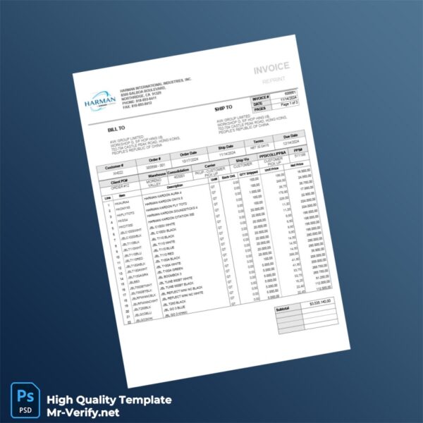 USA Harman International Industries Inc Invoice Template in Word and PDF formats 3 page USA Harman International Industries Inc Invoice Template in Word and PDF formats 3 page