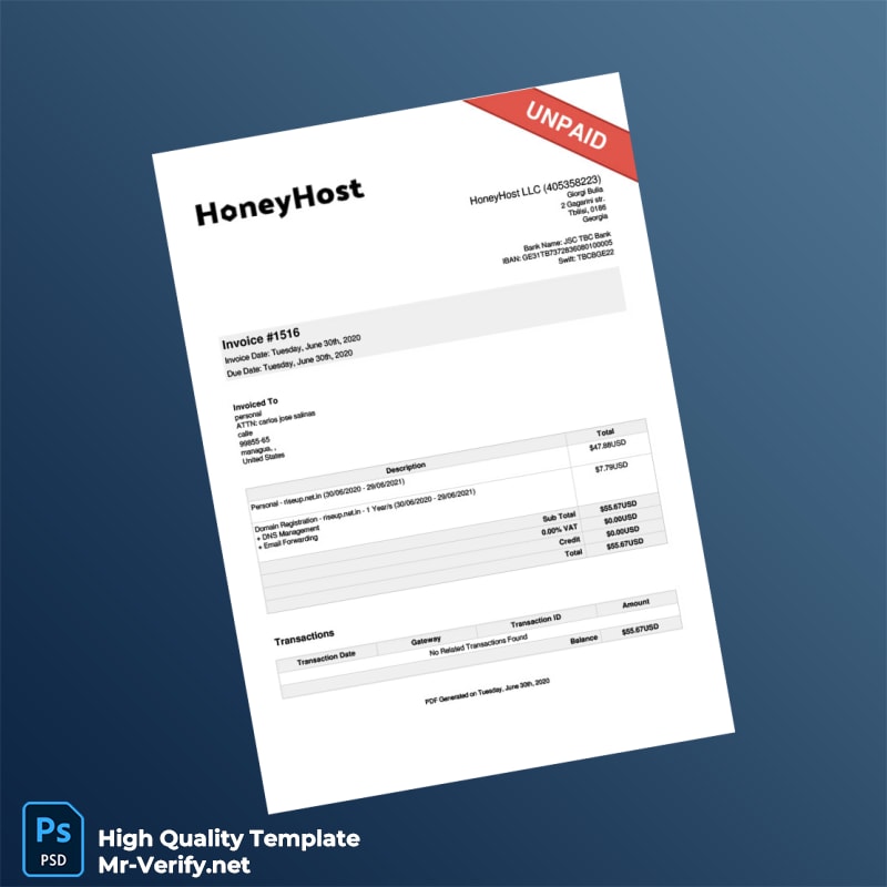 USA HoneyHost LLC Invoice Template in Word and PDF formats USA HoneyHost LLC Invoice Template in Word and PDF formats