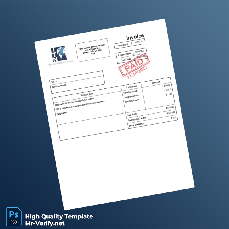 USA International Trainee Network Invoice Template in Word and PDF formats USA International Trainee Network Invoice Template in Word and PDF formats