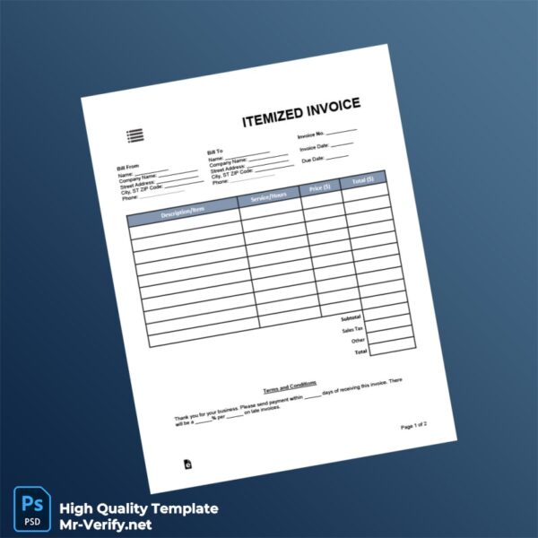 USA Itemized Invoice Template in Word and PDF formats 2 page