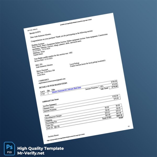 USA Kaddatz Auctions Invoice Template in Word and PDF formats 2 page