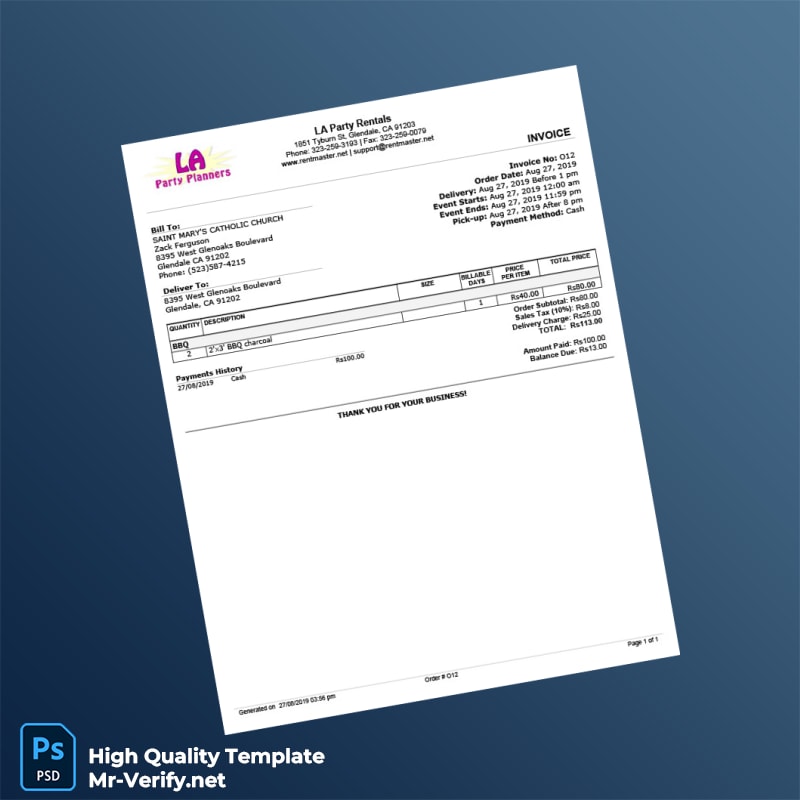 USA LA Party Rentals Invoice Template in Word and PDF formats USA LA Party Rentals Invoice Template in Word and PDF formats