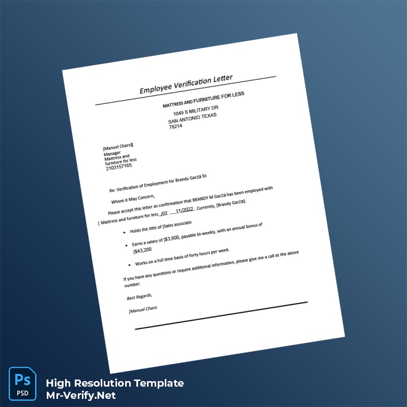 Editable USA Mattress and Furniture for Less Income Verification Letter Word and Pdf Template 2 page Editable USA Mattress and Furniture for Less Income Verification Letter Word and Pdf Template 2 page