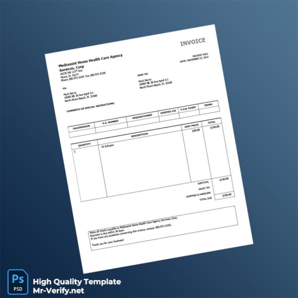 USA Mediassist Home Health Care Agency Services Corp Invoice Template in Word and PDF formats