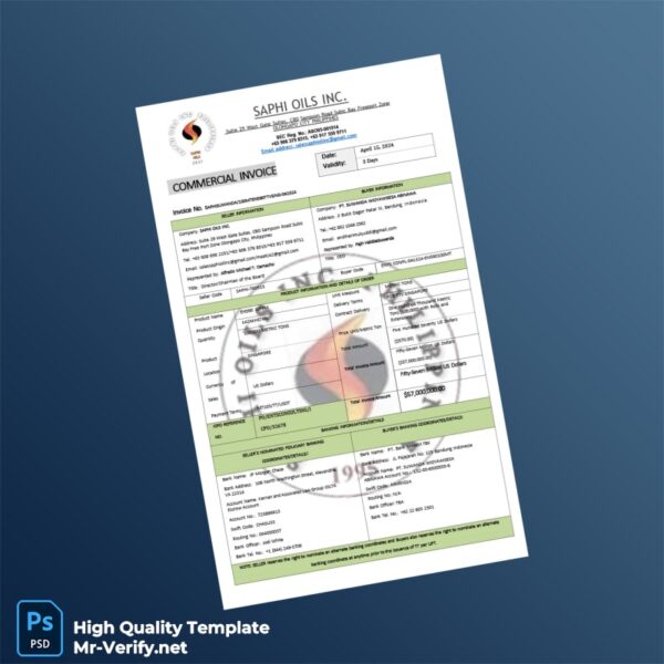 USA Saphi Oils Inc Commercial Invoice Template in Word and PDF formats 6 page USA Saphi Oils Inc Commercial Invoice Template in Word and PDF formats 6 page