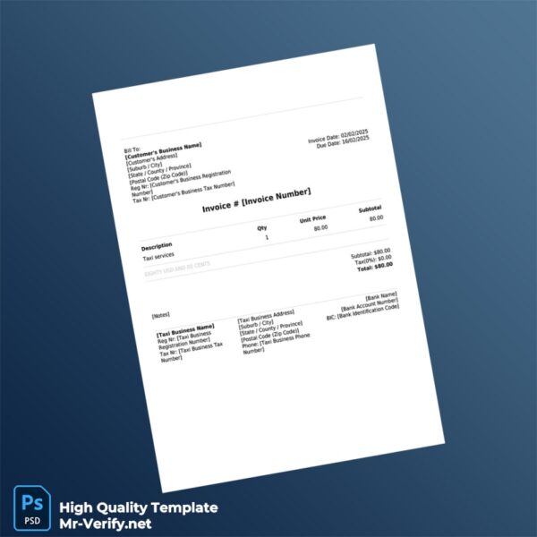 USA Taxi Business Name Invoice Template in Word and PDF formats