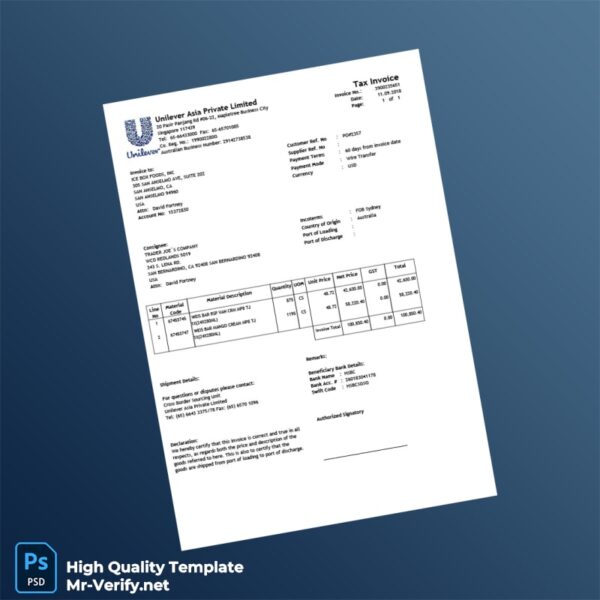 USA Unilever Asia Private Limited Invoice Template in Word and PDF formats