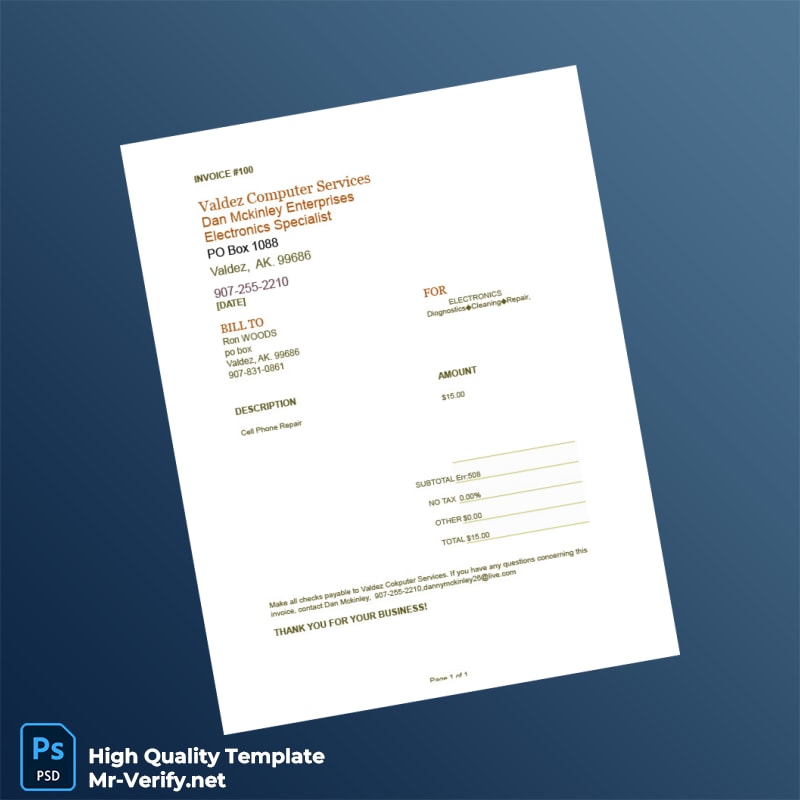 USA Valdez Computer Services Invoice Template in Word and PDF formats USA Valdez Computer Services Invoice Template in Word and PDF formats