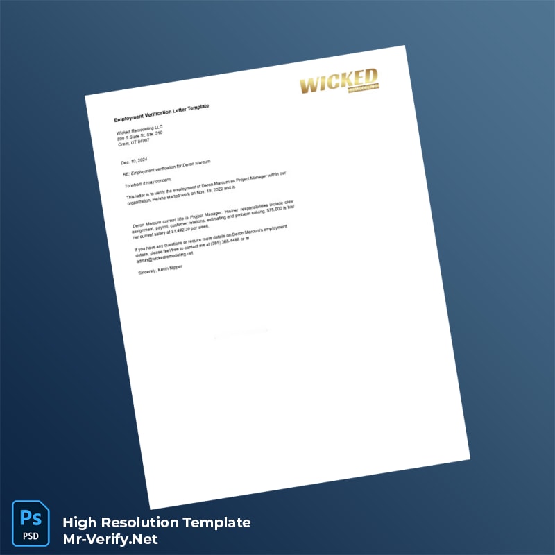 Editable USA Wicked Remodeling Employment Verification Letter Word and Pdf Template Editable USA Wicked Remodeling Employment Verification Letter Word and Pdf Template