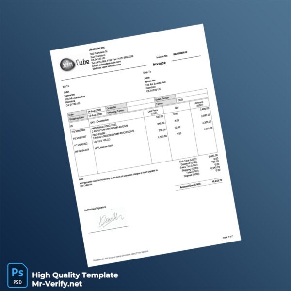 USA XinCube Inc Invoice Template in Word and PDF formats USA XinCube Inc Invoice Template in Word and PDF formats