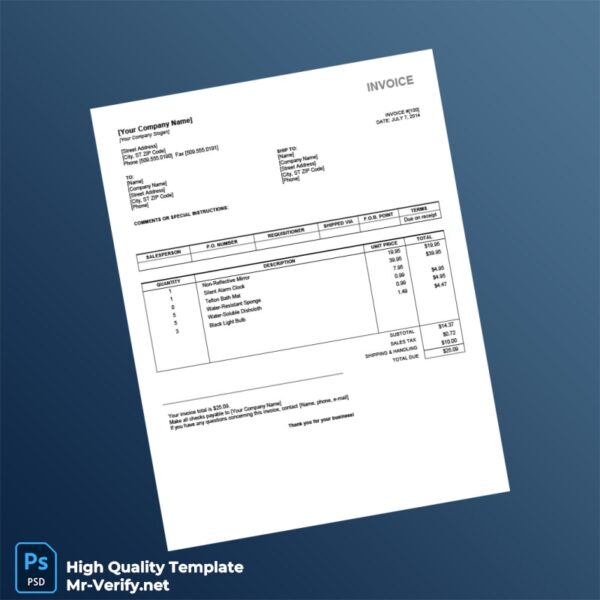 USA Your Company Name Invoice Template in Word and PDF formats