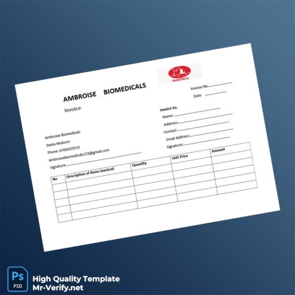 Uganda Ambroise Biomedicals Invoice Template in Word and PDF formats 2 page