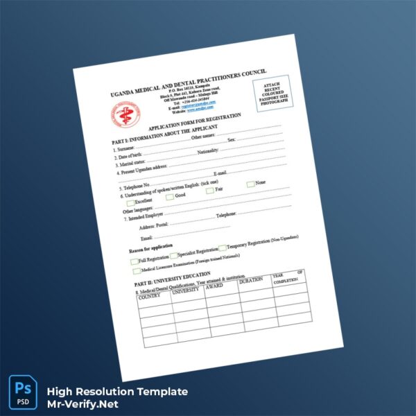 Editable Uganda Medical and Dental Practitioners Council Registration Form Word and Pdf Template 3 page