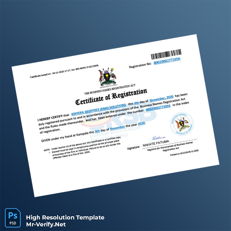 Uganda Registrar of Business Names Business Name Registration Certificate Word and Pdf Template 3 page Uganda Registrar of Business Names Business Name Registration Certificate Word and Pdf Template 3 page