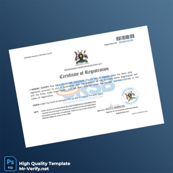 Uganda Registrar of Businesses Business Name Registration Certificate Template in Word and PDF formats Uganda Registrar of Businesses Business Name Registration Certificate Template in Word and PDF formats