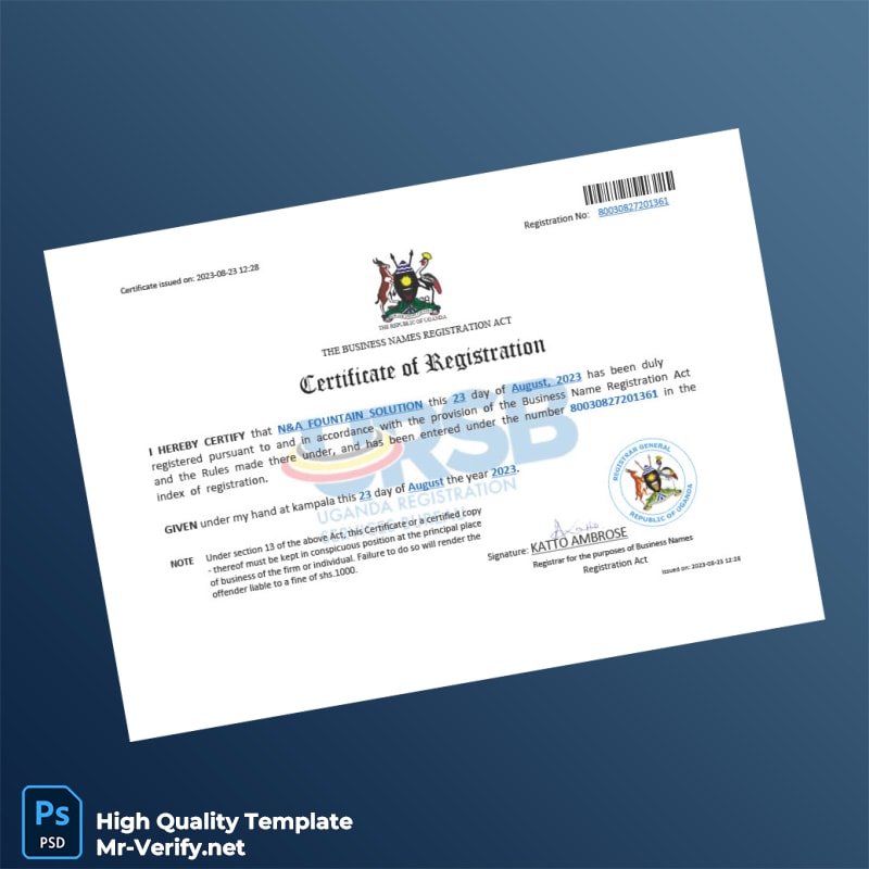 Uganda Registrar of Businesses Business Name Registration Certificate Template in Word and PDF formats Uganda Registrar of Businesses Business Name Registration Certificate Template in Word and PDF formats