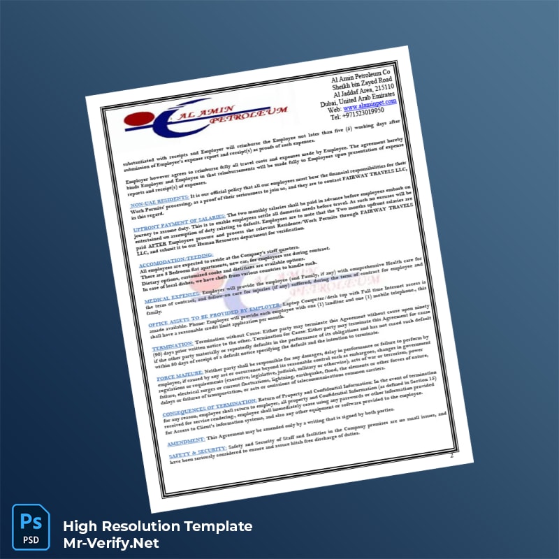 Editable United Arab Emirates Al Amin Petroleum Co Employment Verification Letter Word and Pdf Template 3 page Editable United Arab Emirates Al Amin Petroleum Co Employment Verification Letter Word and Pdf Template 3 page