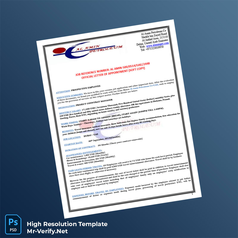 Editable United Arab Emirates Al Amin Petroleum Co Employment Verification Letter Word and Pdf Template 3 page Editable United Arab Emirates Al Amin Petroleum Co Employment Verification Letter Word and Pdf Template 3 page