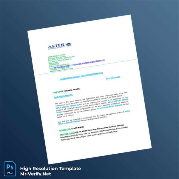 Editable United Arab Emirates Aster Medical Centre Employment Verification Letter Word and Pdf Template 7 page