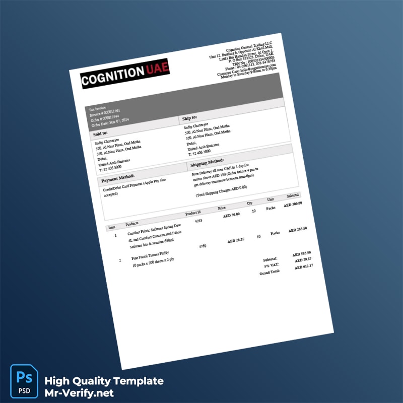 United Arab Emirates Cognition General Trading LLC Tax Invoice Template in Word and PDF formats United Arab Emirates Cognition General Trading LLC Tax Invoice Template in Word and PDF formats