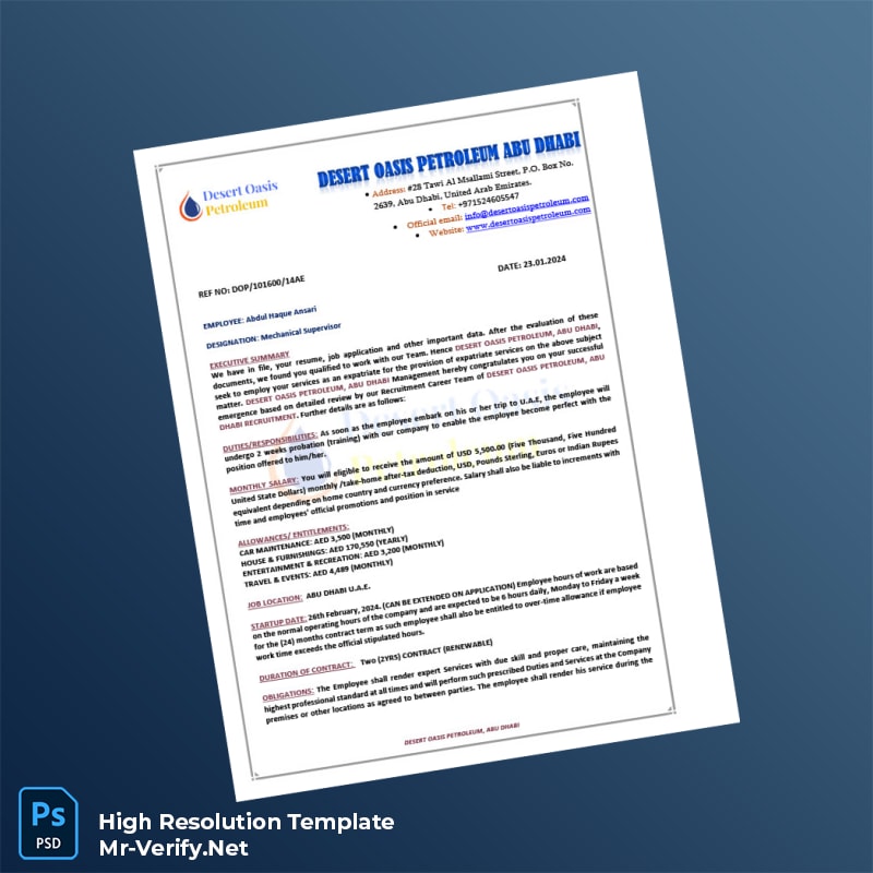 Editable United Arab Emirates Desert Oasis Petroleum Employment Verification Letter Word and Pdf Template 5 page Editable United Arab Emirates Desert Oasis Petroleum Employment Verification Letter Word and Pdf Template 5 page
